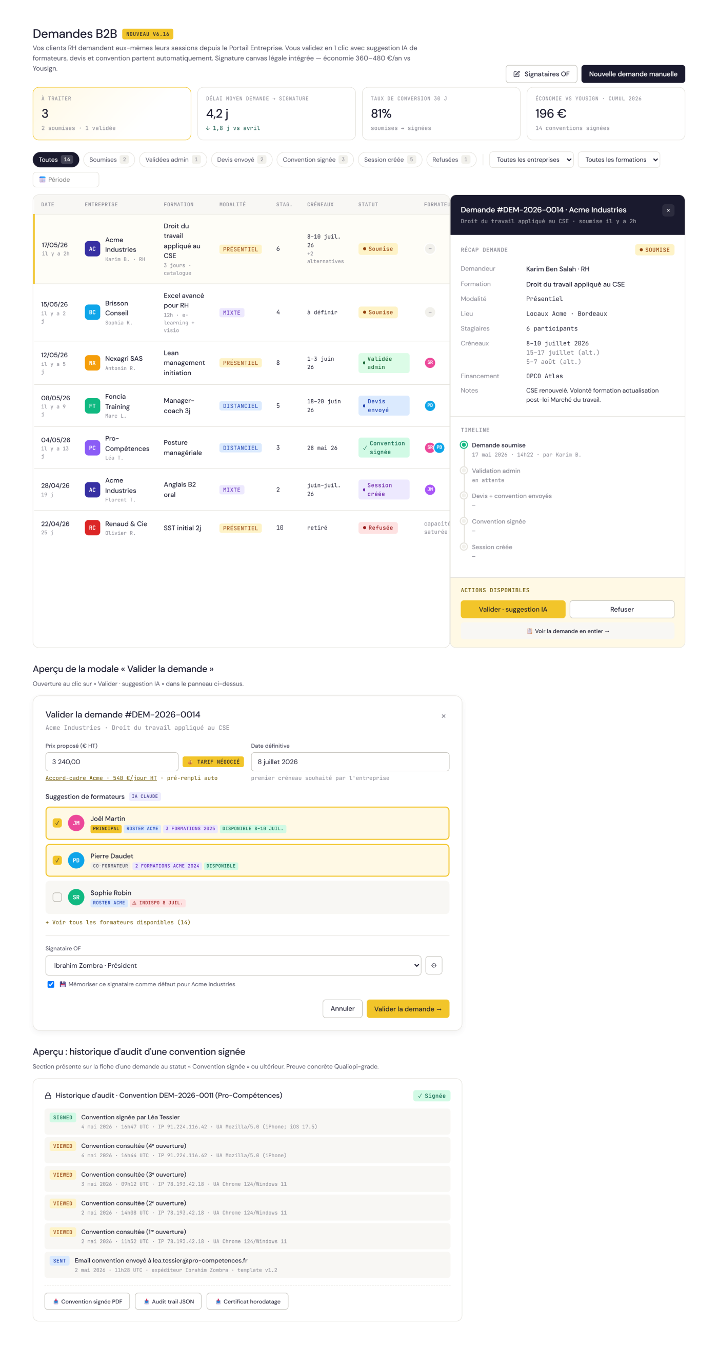 Demande B2B Probanto : devis, convention et signature en un flux.